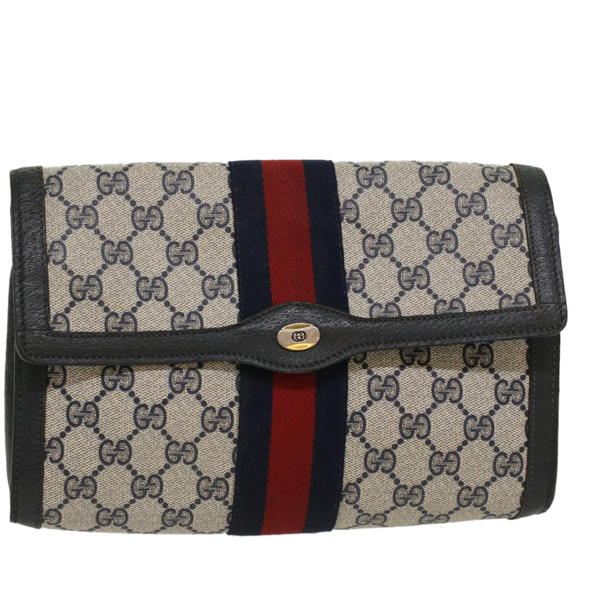 Gucci Gg Canvas Sherry Line Clutch Bag Gray Red Navy 89.01.006 Auth Yk7558b
